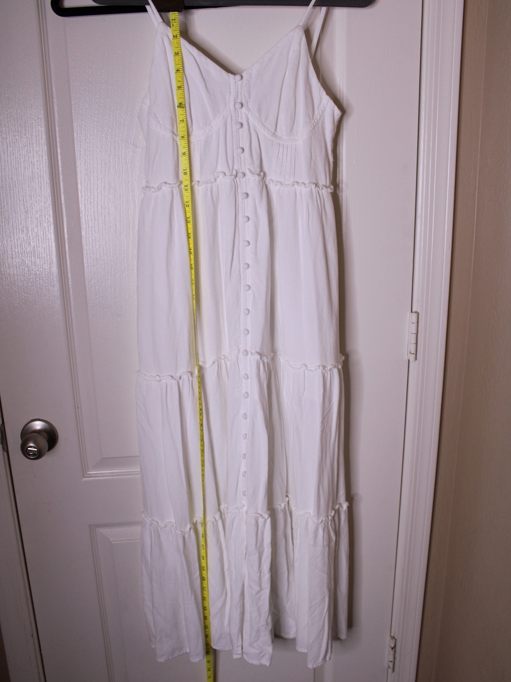 Women's White Button-Front Tiered Maxi Dress with Adjustable Straps